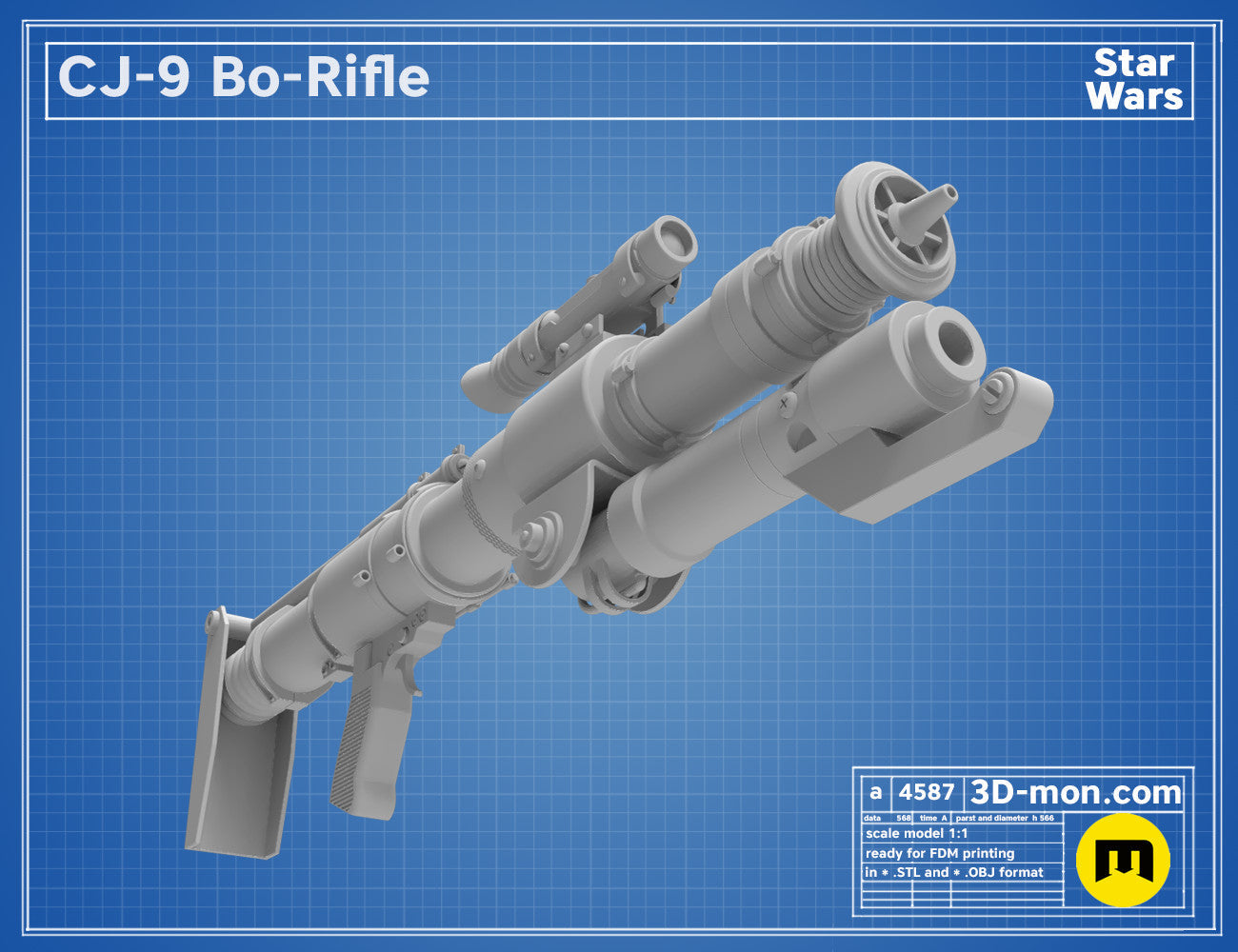3D model render of CJ-9 Bo-Rifle, Star Wars weapon with dual barrels, printable 3D model.