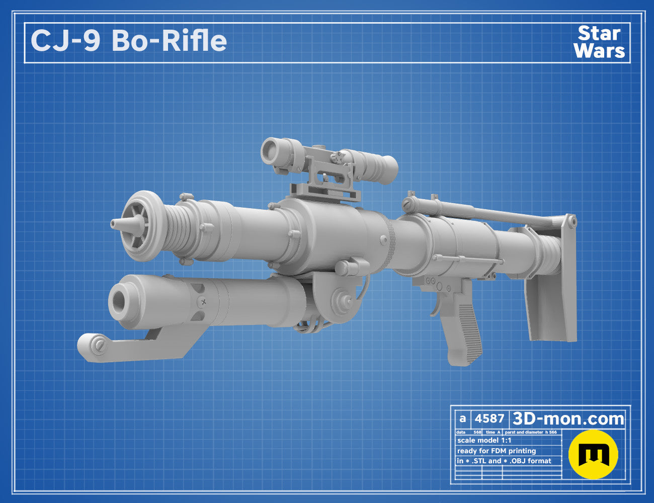 3D model render of CJ-9 Bo-Rifle, Star Wars weapon with scope and grip, printable 3D model