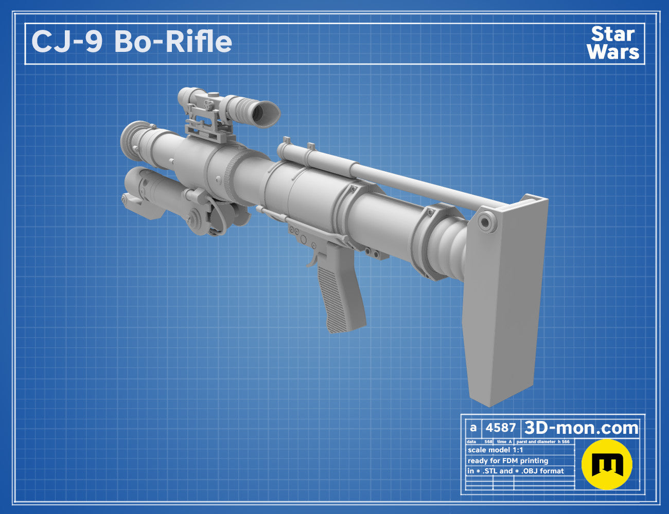3D model render of CJ-9 Bo-Rifle, Star Wars weapon with scope and barrel, printable 3D print cosplay prop