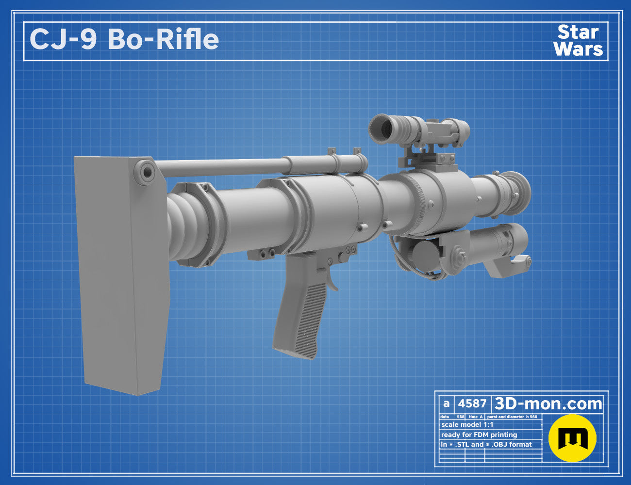 3D model render of CJ-9 Bo-Rifle, Star Wars weapon with scope, printable 3D print cosplay prop
