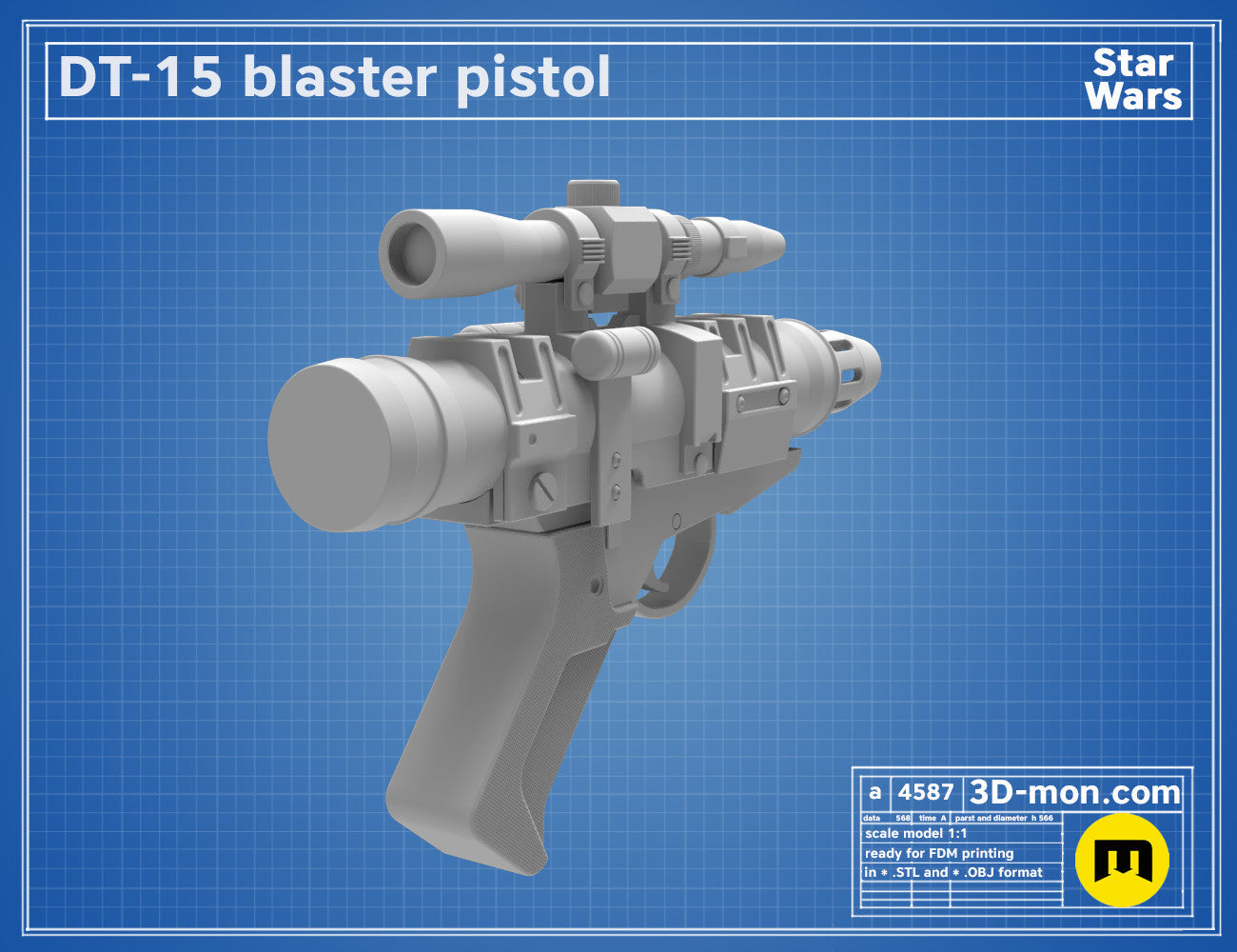 3D model render of DT-15 Blaster pistol, side view, Star Wars 3D print cosplay prop