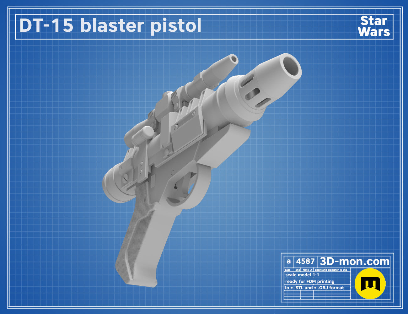 3D model render of DT-15 Blaster pistol, Star Wars weapon, printable 3D print cosplay prop