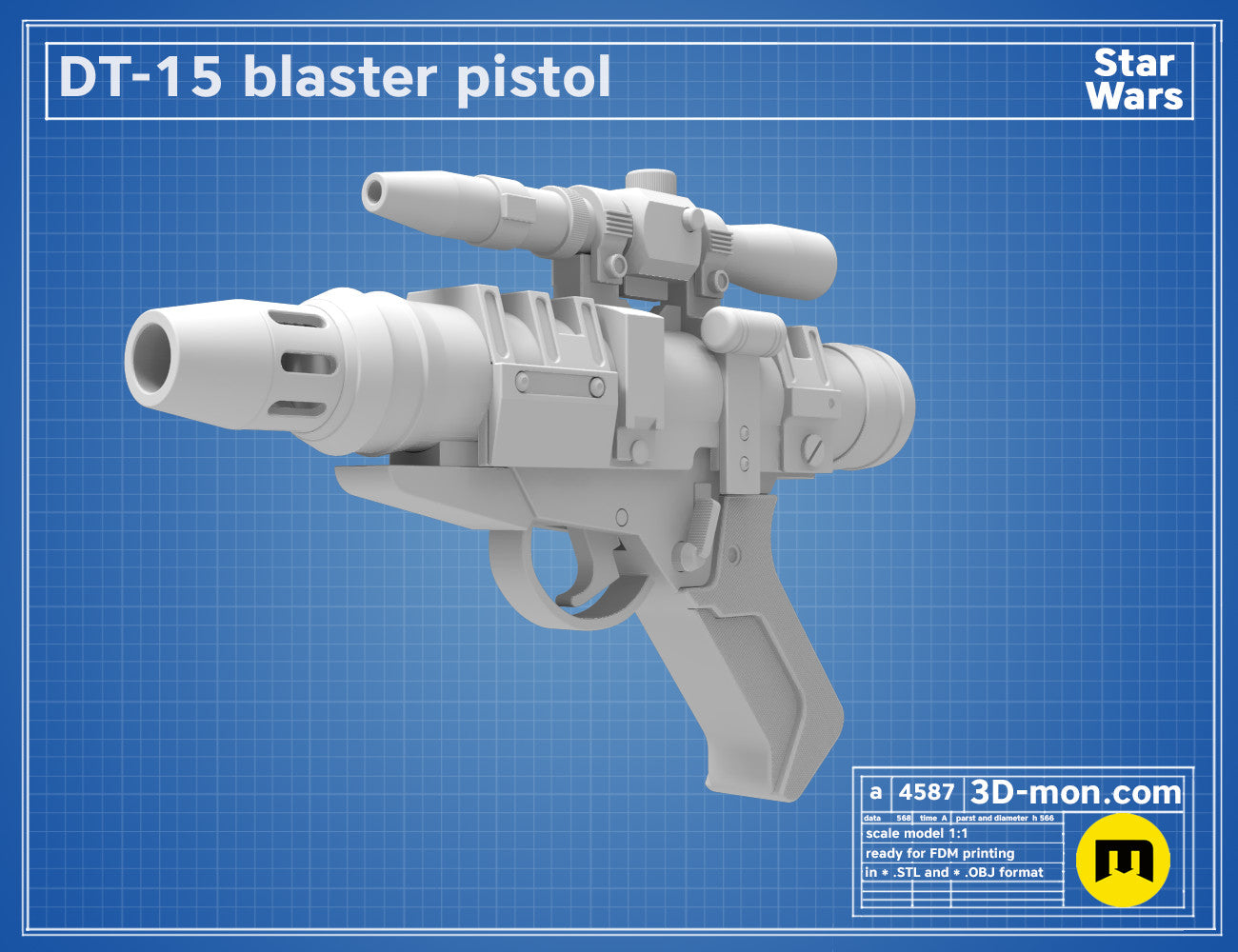 3D model render of DT-15 Blaster pistol, Star Wars weapon, printable 3D print cosplay prop