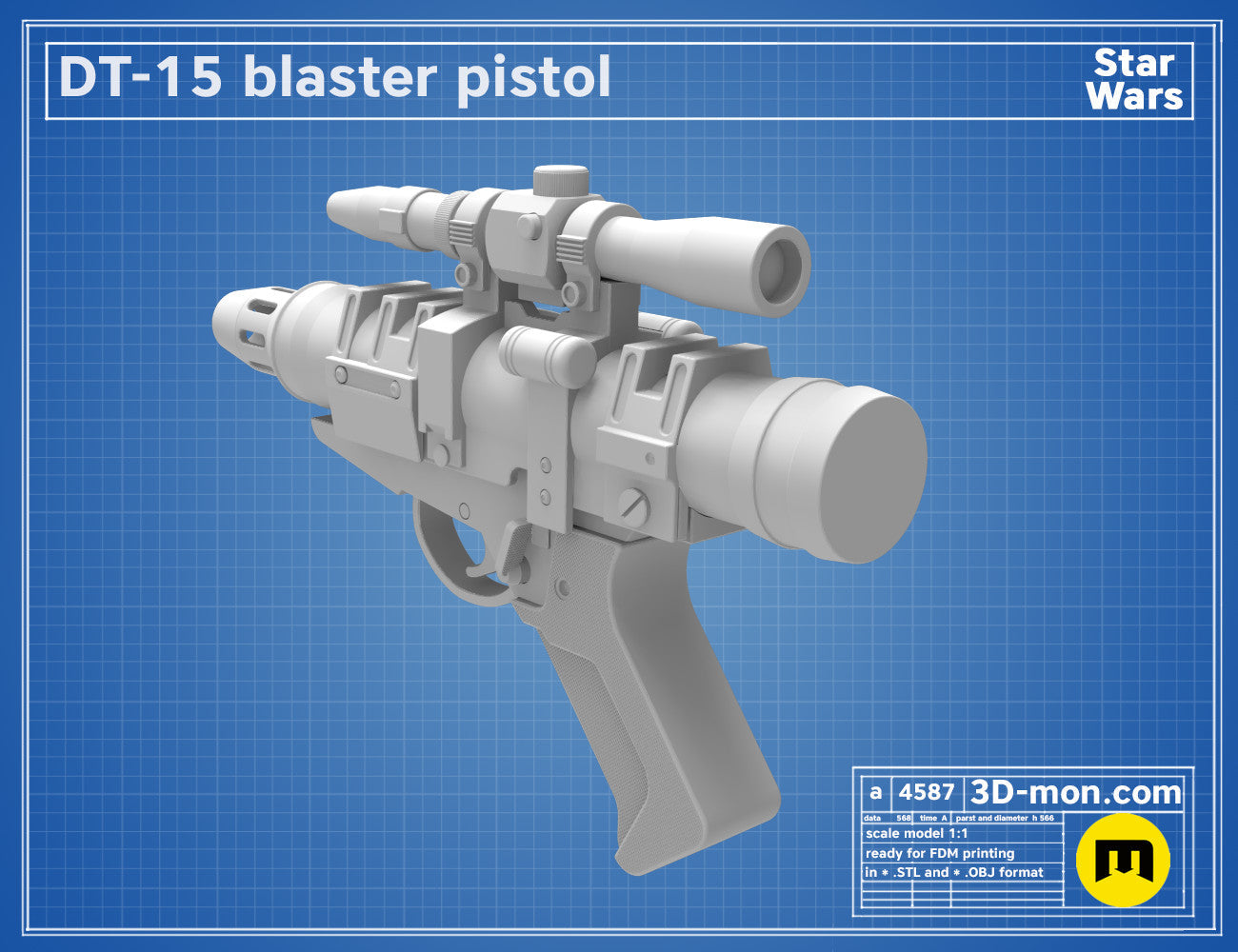 3D model render of DT-15 Blaster pistol, Star Wars weapon with scope and grip, printable 3D print cosplay prop