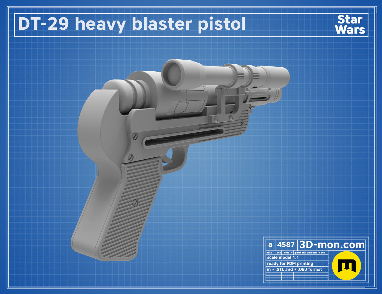 3D model render of DT-29 Heavy Blaster pistol, side view, Star Wars 3D print cosplay prop