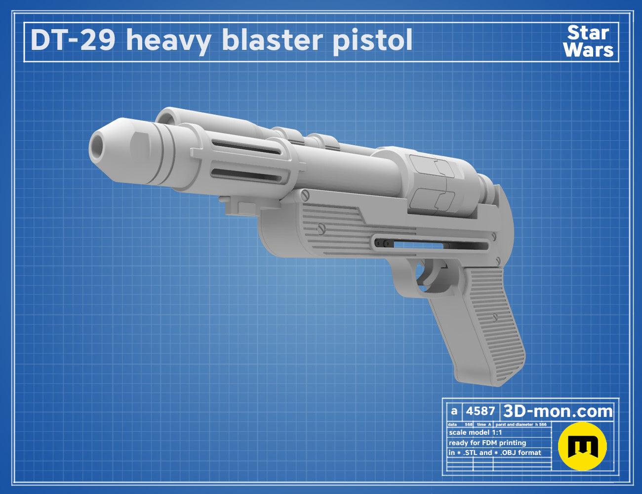 3D model render of DT-29 Heavy Blaster pistol, Star Wars 3D print cosplay prop, side view.