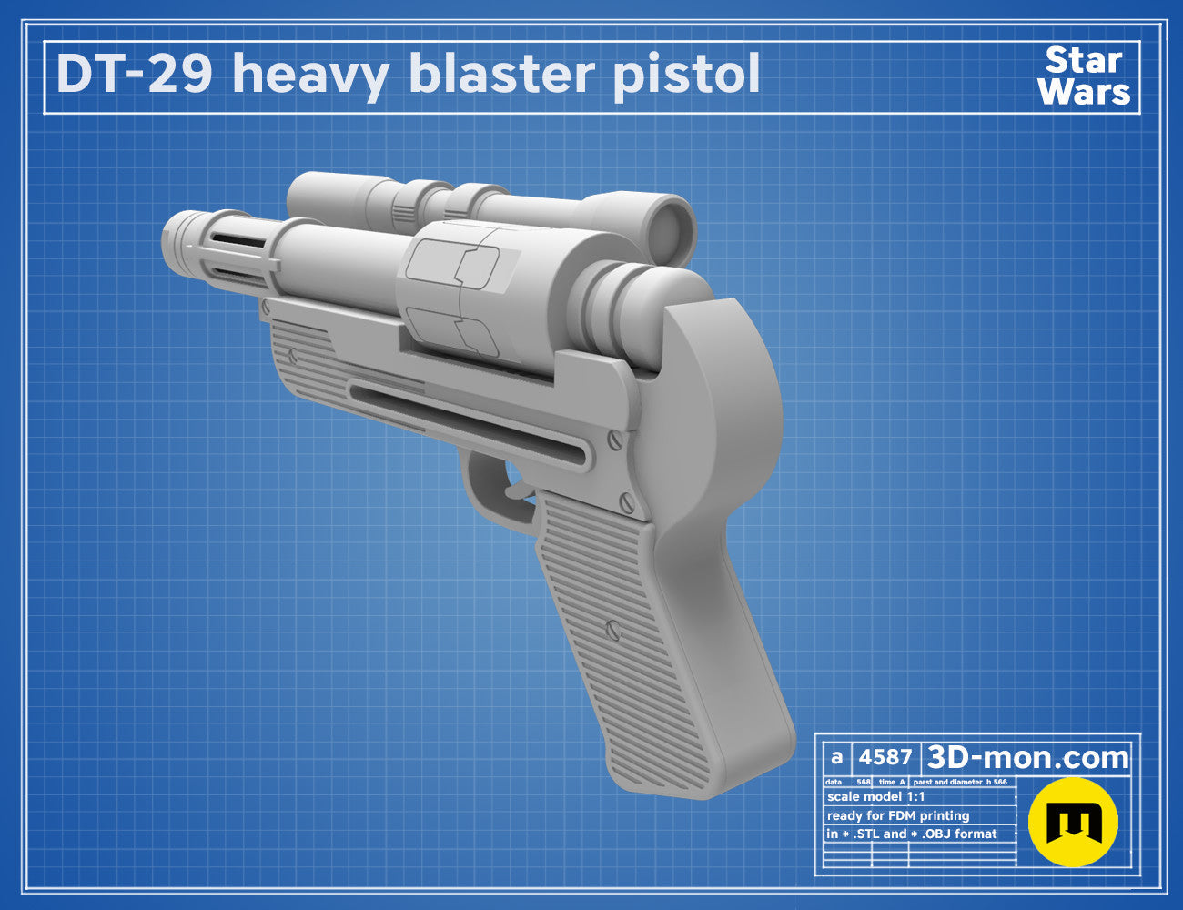 3D model render of DT-29 Heavy Blaster pistol, Star Wars cosplay prop, side view STL