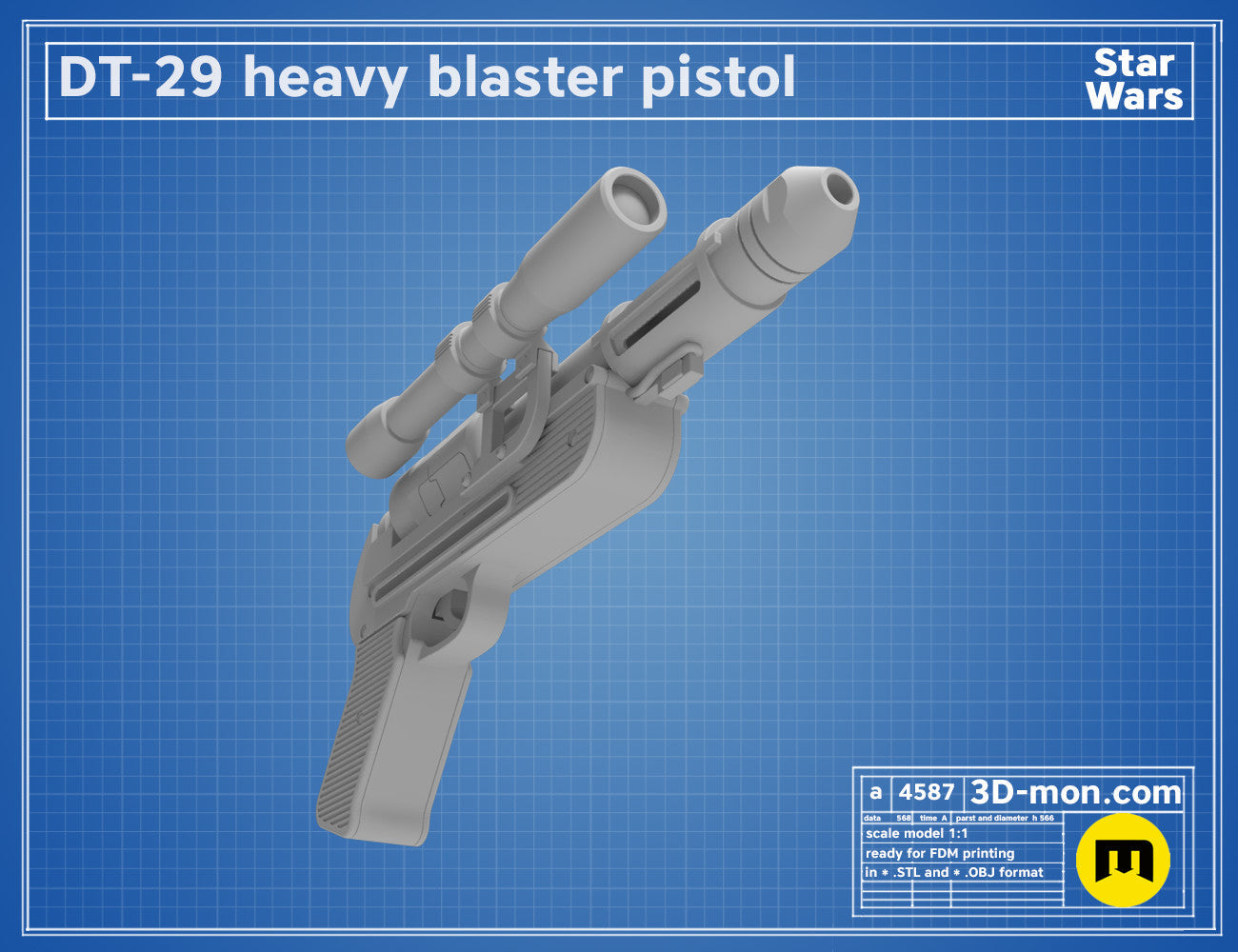 3D model render of DT-29 Heavy Blaster pistol, Star Wars weapon, printable 3D print cosplay prop