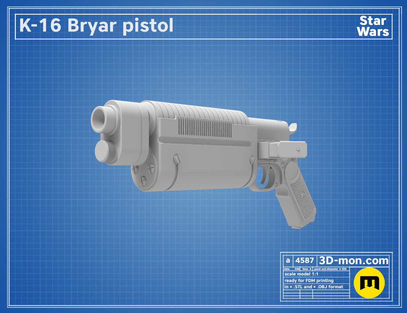 3D model render of K-16 Bryar pistol, Star Wars 3D print cosplay prop, side view