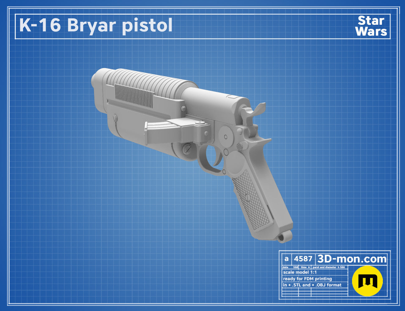 3D model render of K-16 Bryar pistol, Star Wars cosplay weapon with vented barrel, printable 3D print