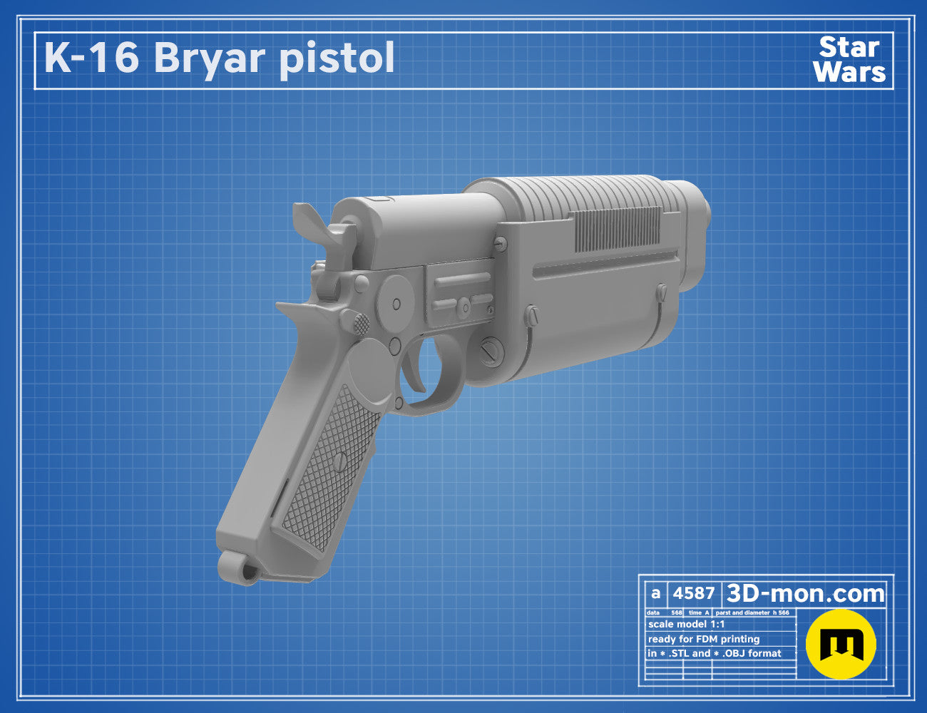3D model render of K-16 Bryar pistol, Star Wars weapon, side view STL preview