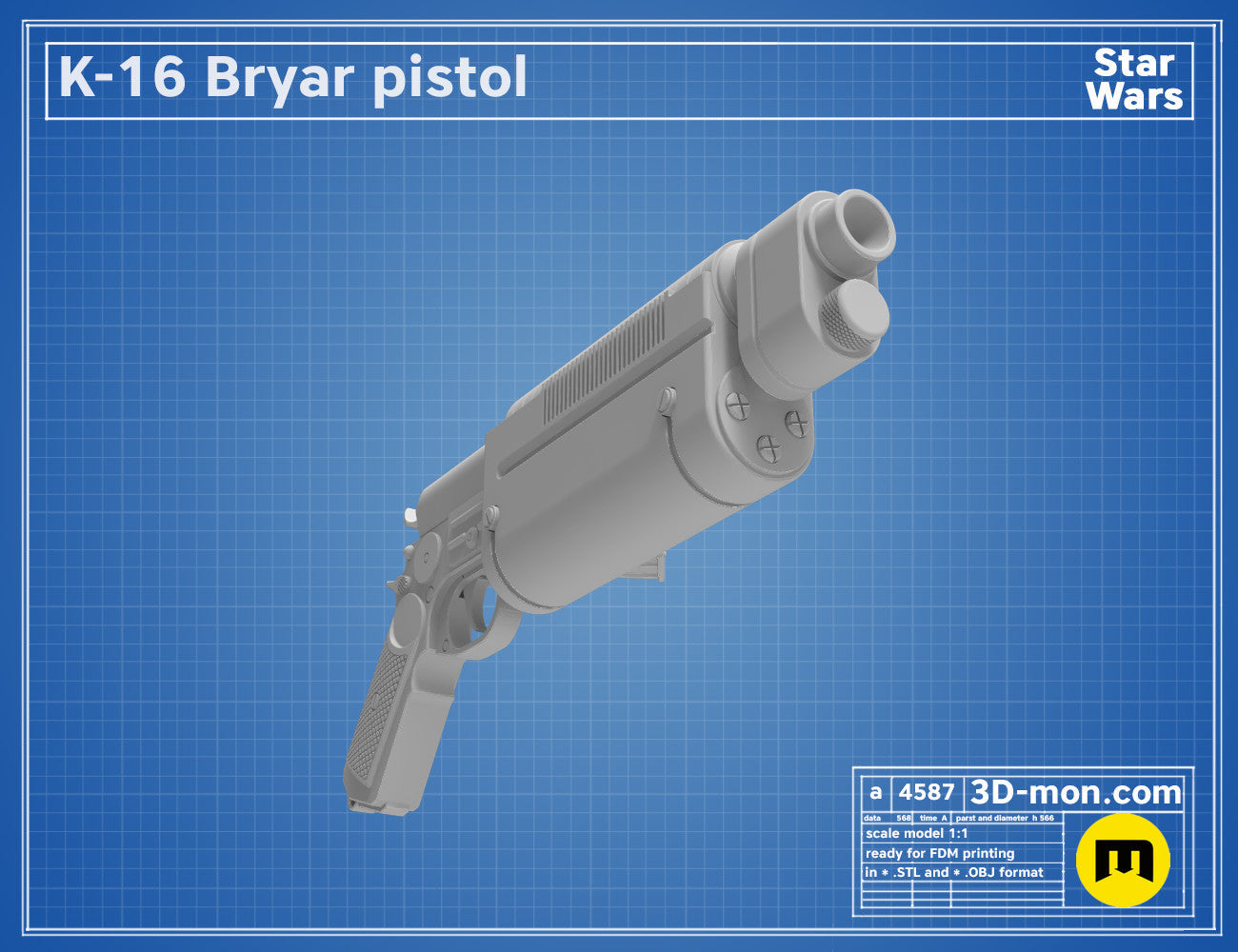 3D model render of K-16 Bryar pistol, Star Wars weapon with side view, printable 3D print cosplay prop