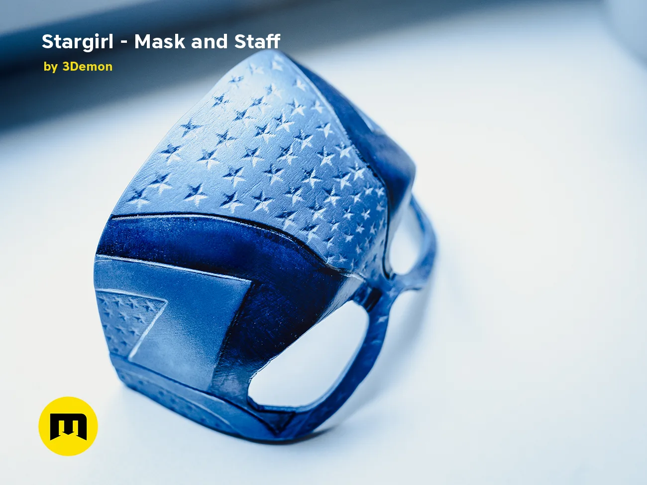 3D model render of Stargirl Mask, blue star-spangled cosplay prop with staff attachment, 3D print