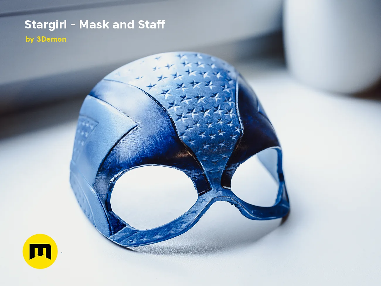3D model render of Stargirl Mask, blue star-spangled cosplay prop, front view