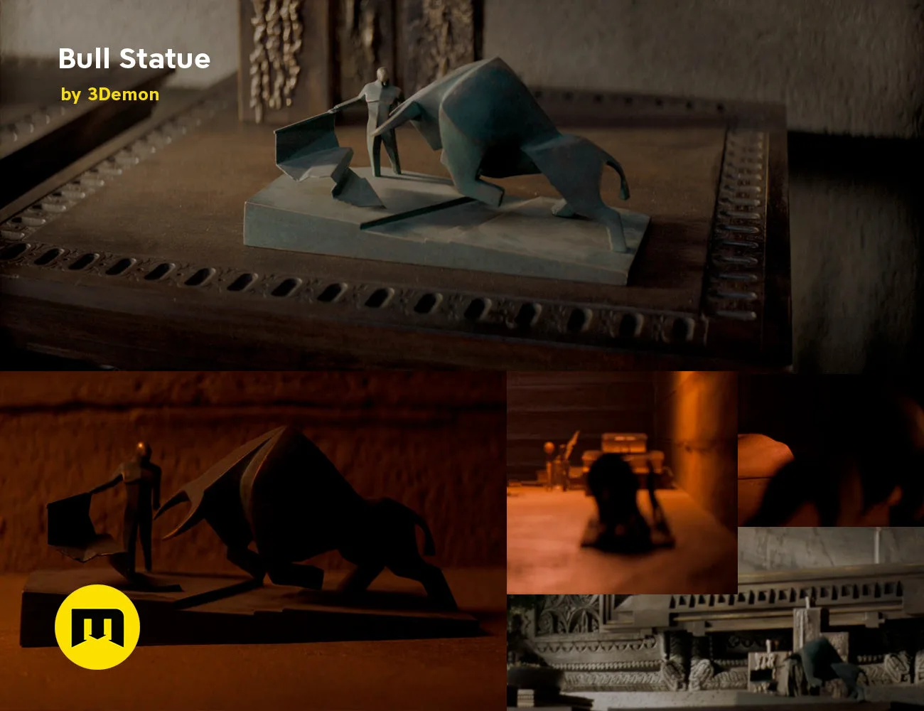 3D visualization of Bull Statue - Dune, dynamic matte render with charging pose, collectible figure