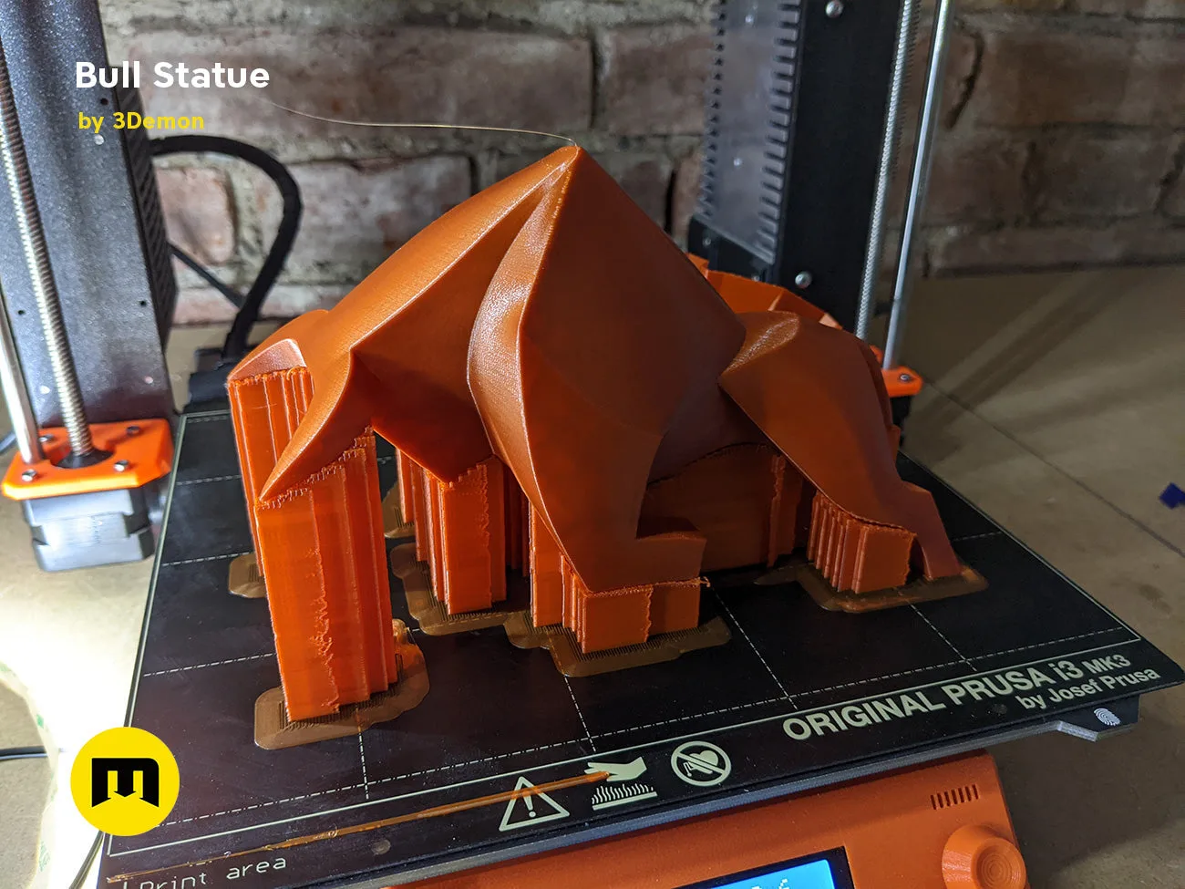 Slicer screenshot of Bull Statue - Dune STL, orange parts on Prusa i3 MK3 bed