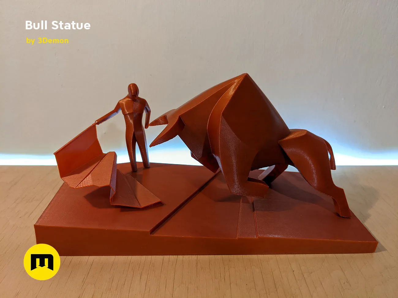 Lifestyle photo of 3D printed Bull Statue - Dune collectible figure, dynamic pose on wooden surface