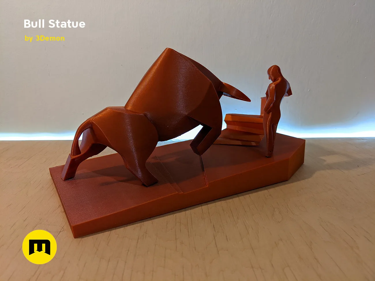 Lifestyle photo of 3D printed Bull Statue - Dune collectible figure, matte brown bull with matador.