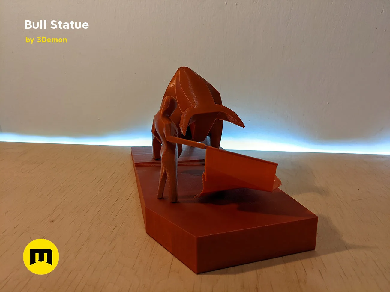 Lifestyle photo of 3D printed Bull Statue - Dune collectible figure, dynamic pose on wooden base
