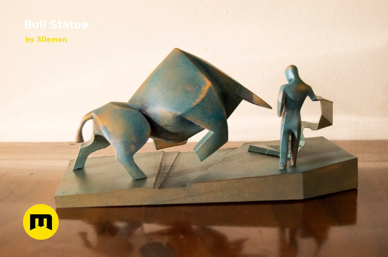 3D model render of Bull Statue - Dune, dynamic charging pose with human figure, collectible figure