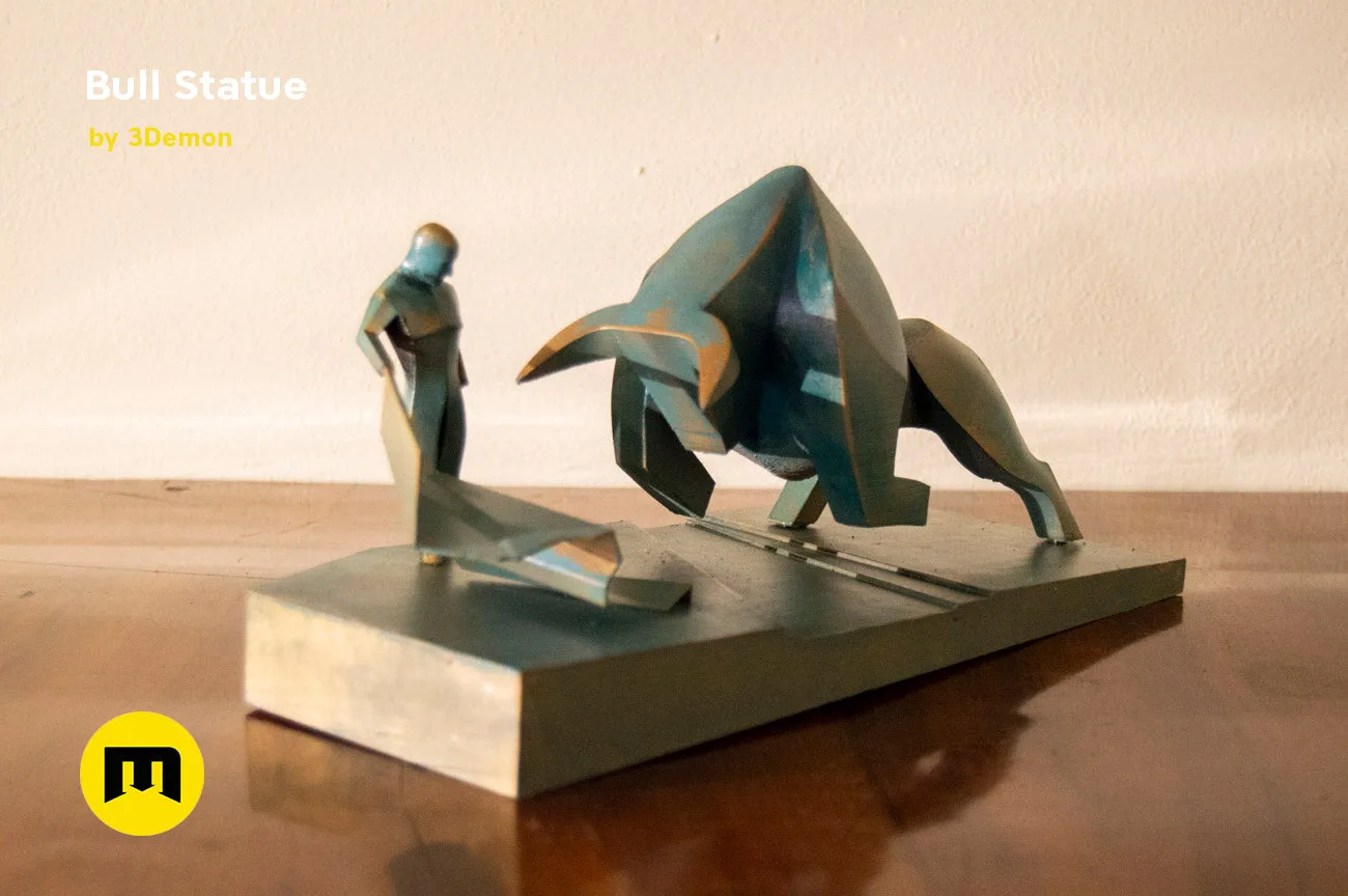 3D model render of Bull Statue - Dune, matte teal bull and figure, collectible 3D print