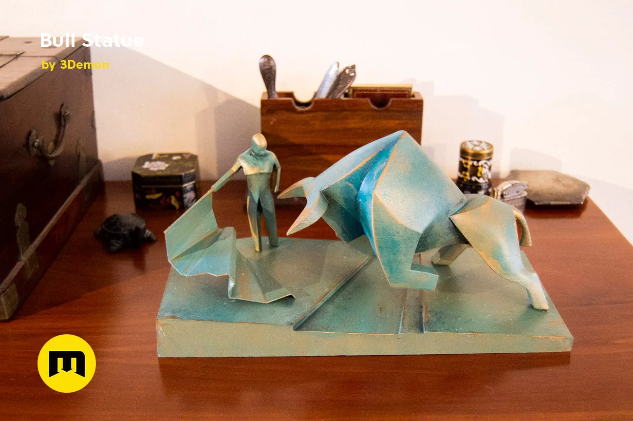 Lifestyle photo of Bull Statue - Dune collectible figure, matte bronze finish, bullfighter scene