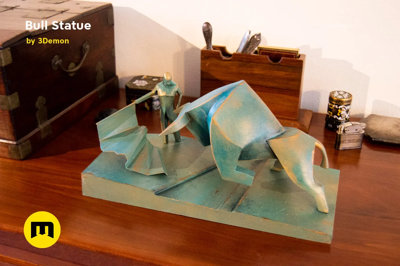 Lifestyle photo of Bull Statue - Dune collectible figure, matte teal 3D printed bull on wooden surface