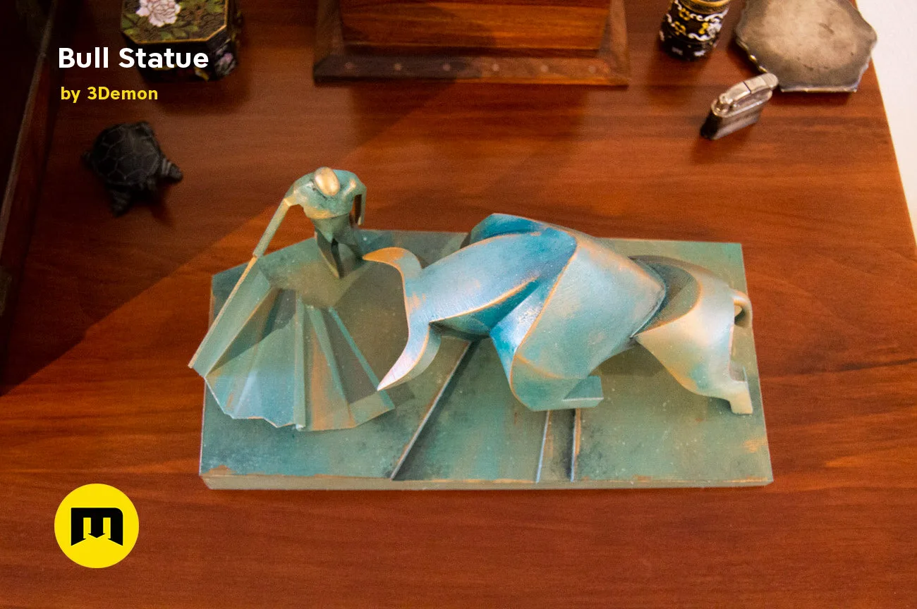 Lifestyle photo of Bull Statue - Dune collectible figure, metallic blue-green 3D printed prop