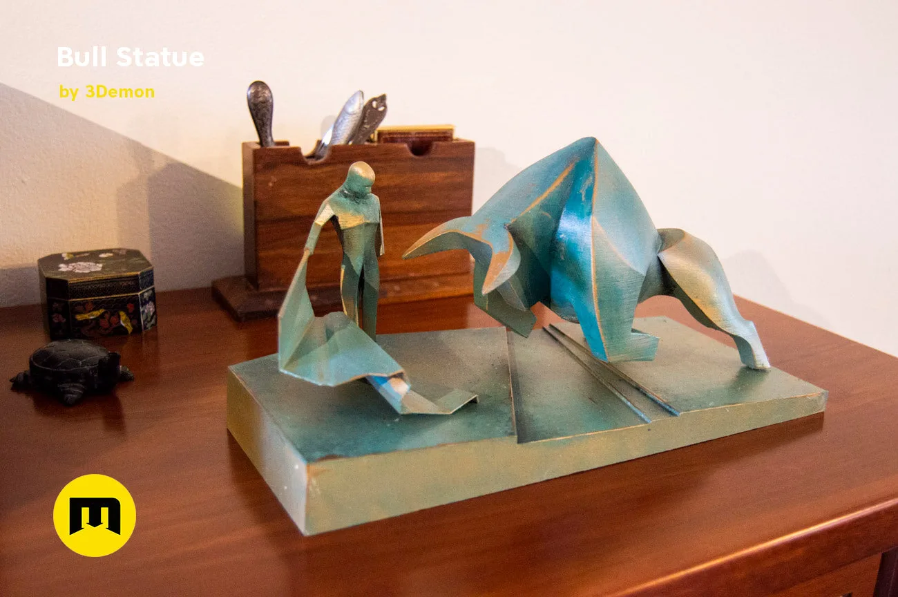 Lifestyle photo of Bull Statue - Dune, matte turquoise 3D printed collectible figure, dynamic pose
