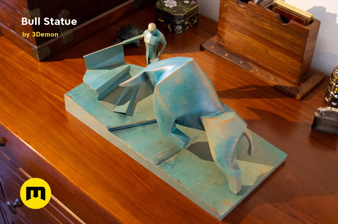 Lifestyle photo of 3D printed Bull Statue - Dune collectible figure, dynamic charging pose on wooden surface