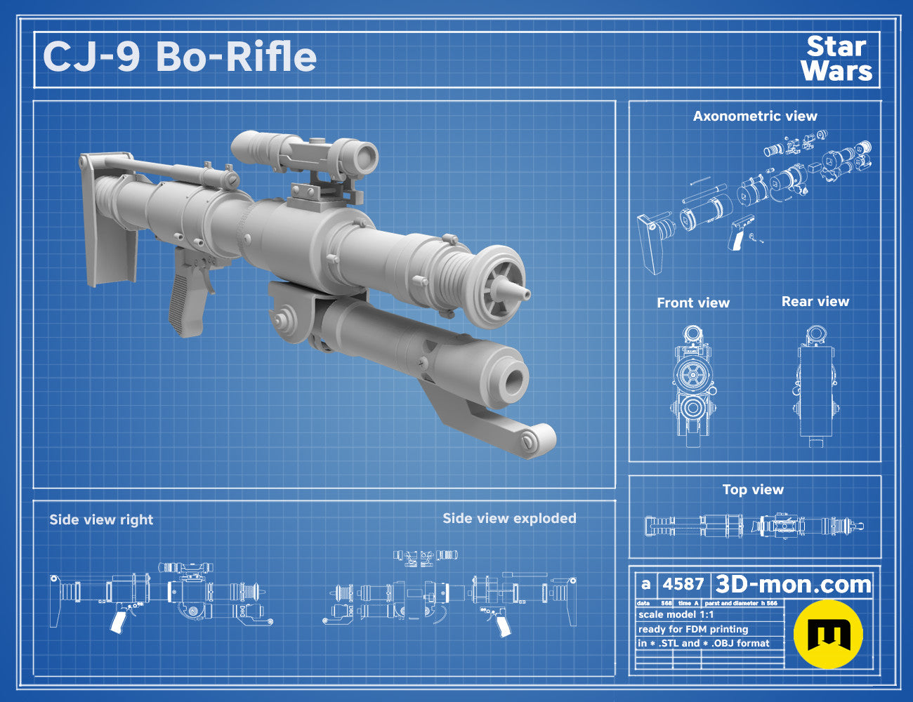 Exploded view of CJ-9 Bo-Rifle, Star Wars weapon assembly guide, 3D print cosplay prop