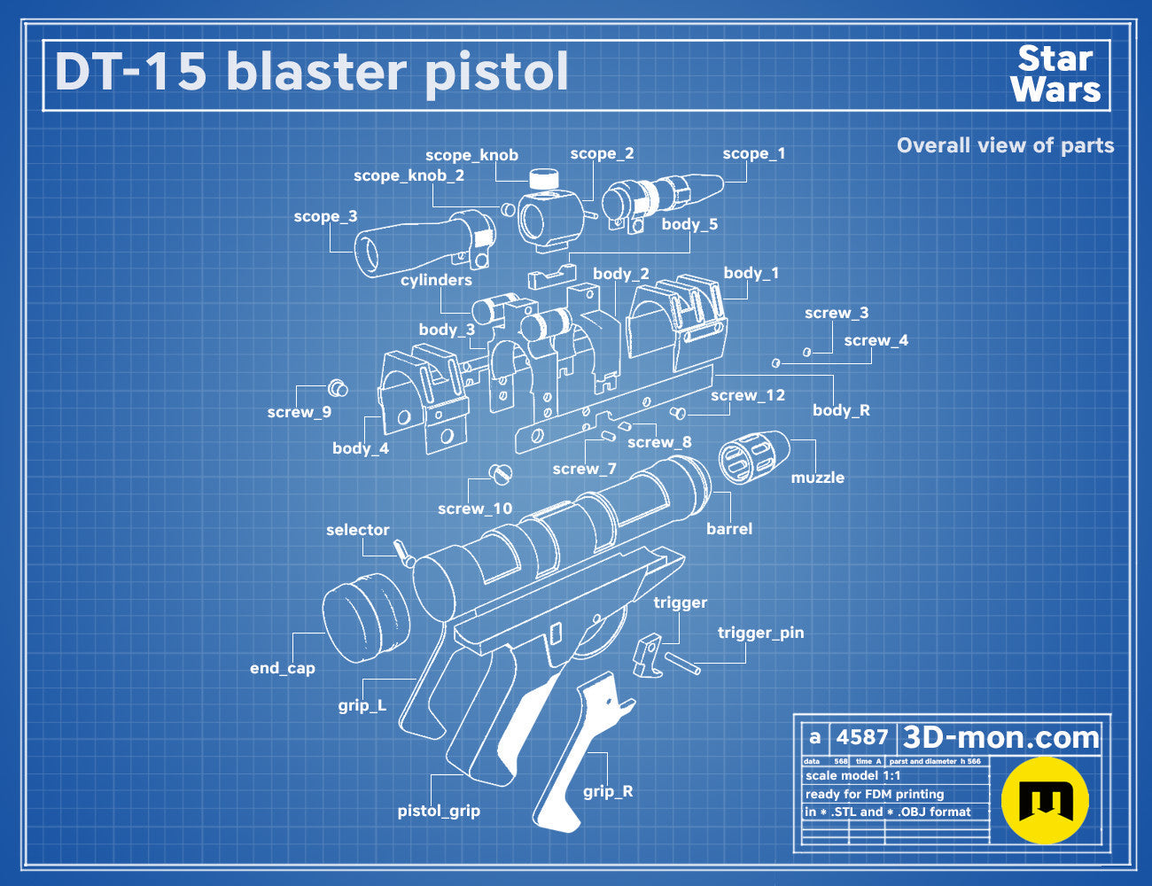 Exploded view of DT-15 Blaster pistol, Star Wars cosplay prop with labeled parts, 3D print assembly guide
