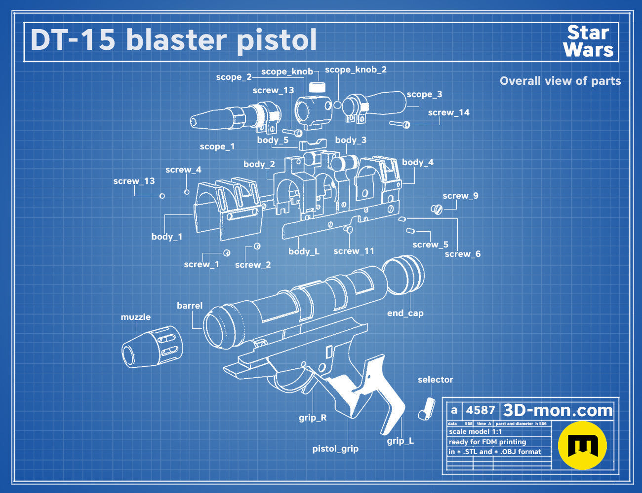 Exploded view of DT-15 Blaster pistol, Star Wars weapon parts breakdown for 3D print assembly