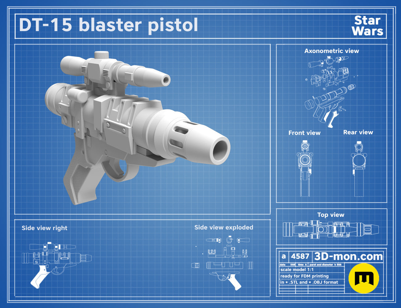 Exploded view of DT-15 Blaster pistol, Star Wars weapon parts breakdown for 3D print assembly