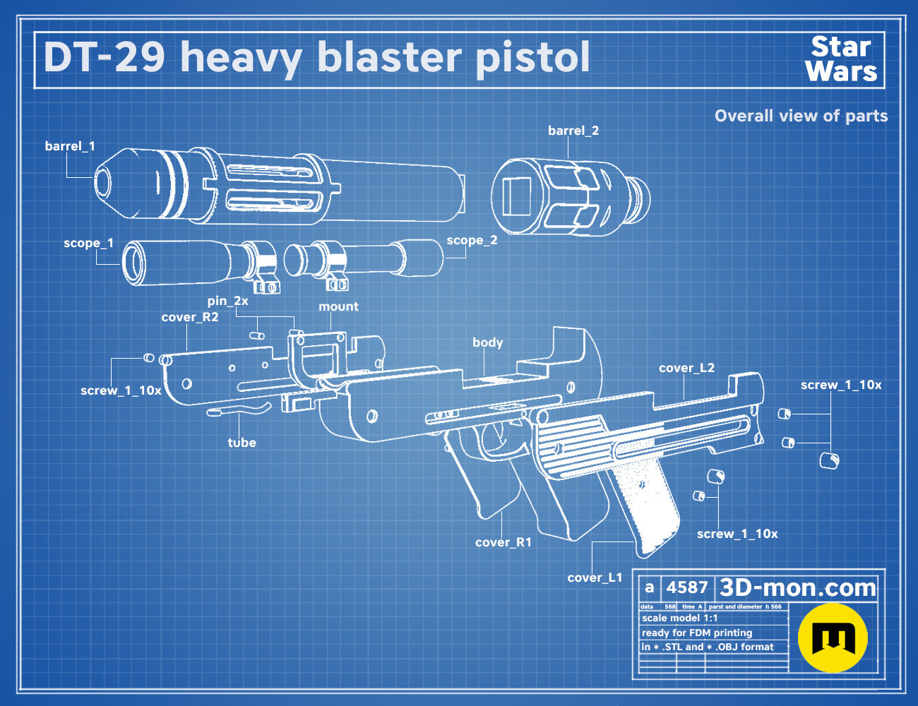 Exploded view of DT-29 Heavy Blaster pistol, labeled parts breakdown for 3D print cosplay weapon