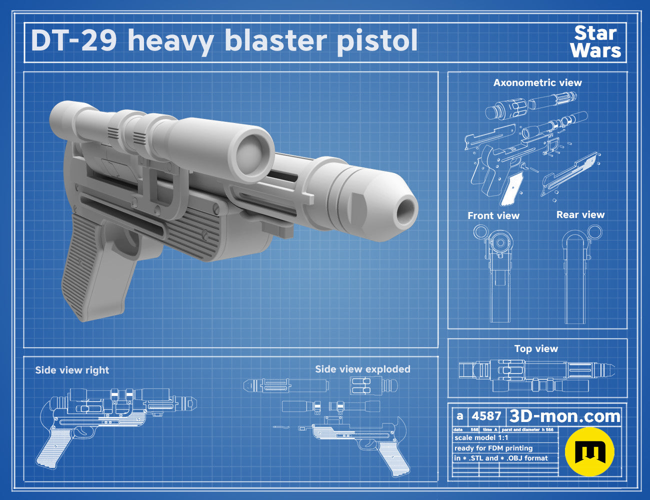 Exploded view of DT-29 Heavy Blaster pistol, Star Wars 3D print cosplay weapon assembly guide