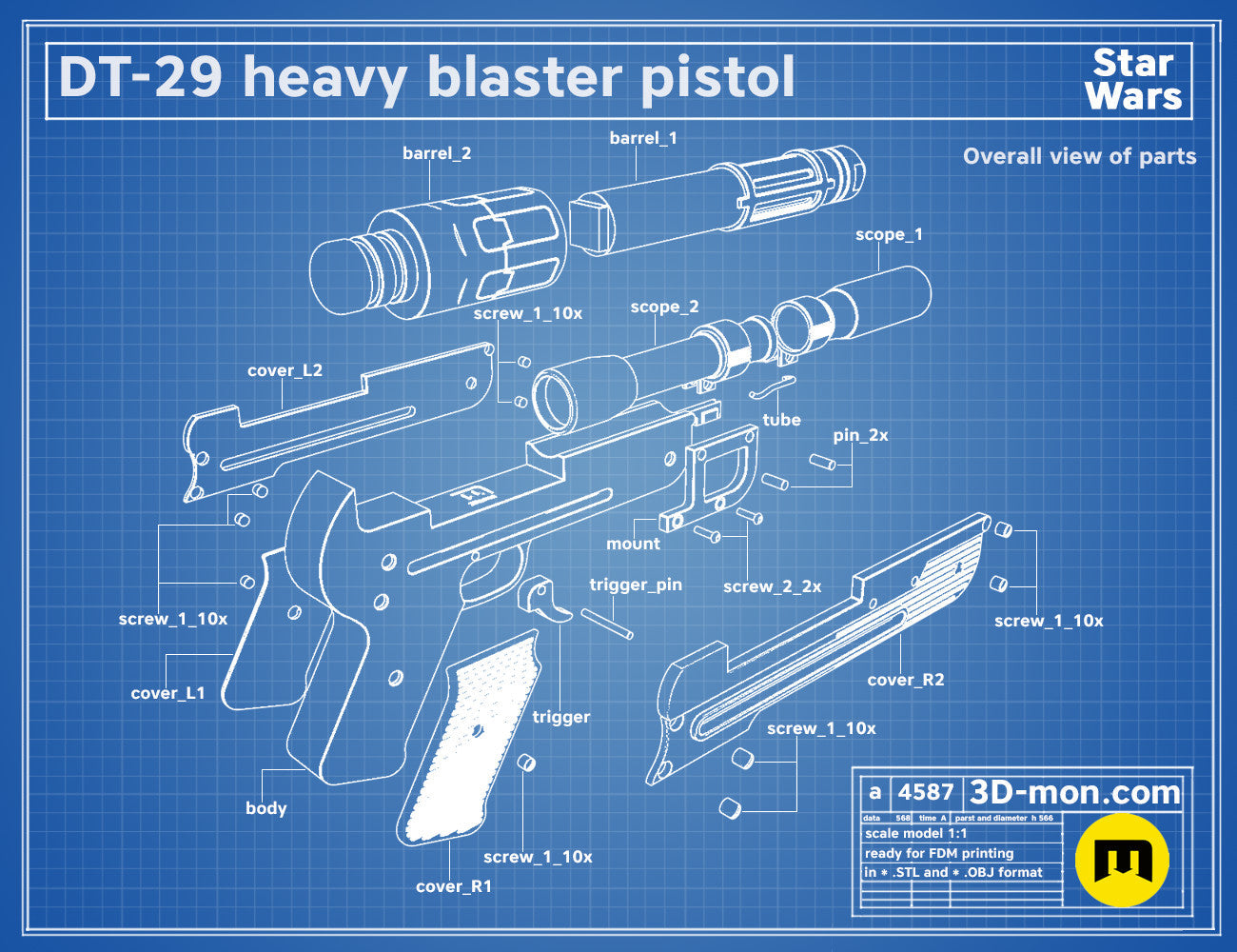 Exploded view of DT-29 Heavy Blaster pistol, Star Wars weapon parts breakdown for 3D print