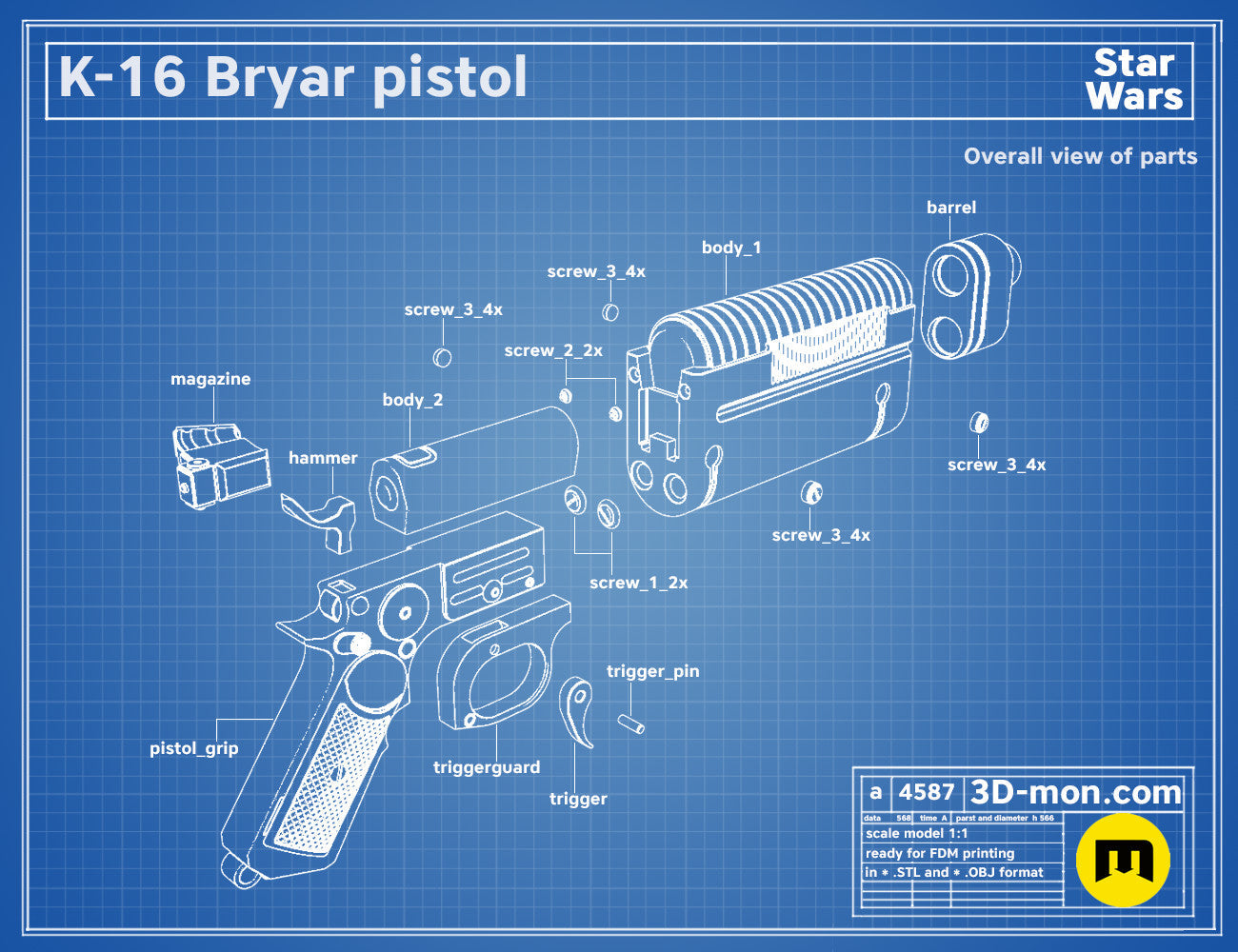 Exploded view of K-16 Bryar pistol STL, Star Wars weapon assembly guide with labeled parts
