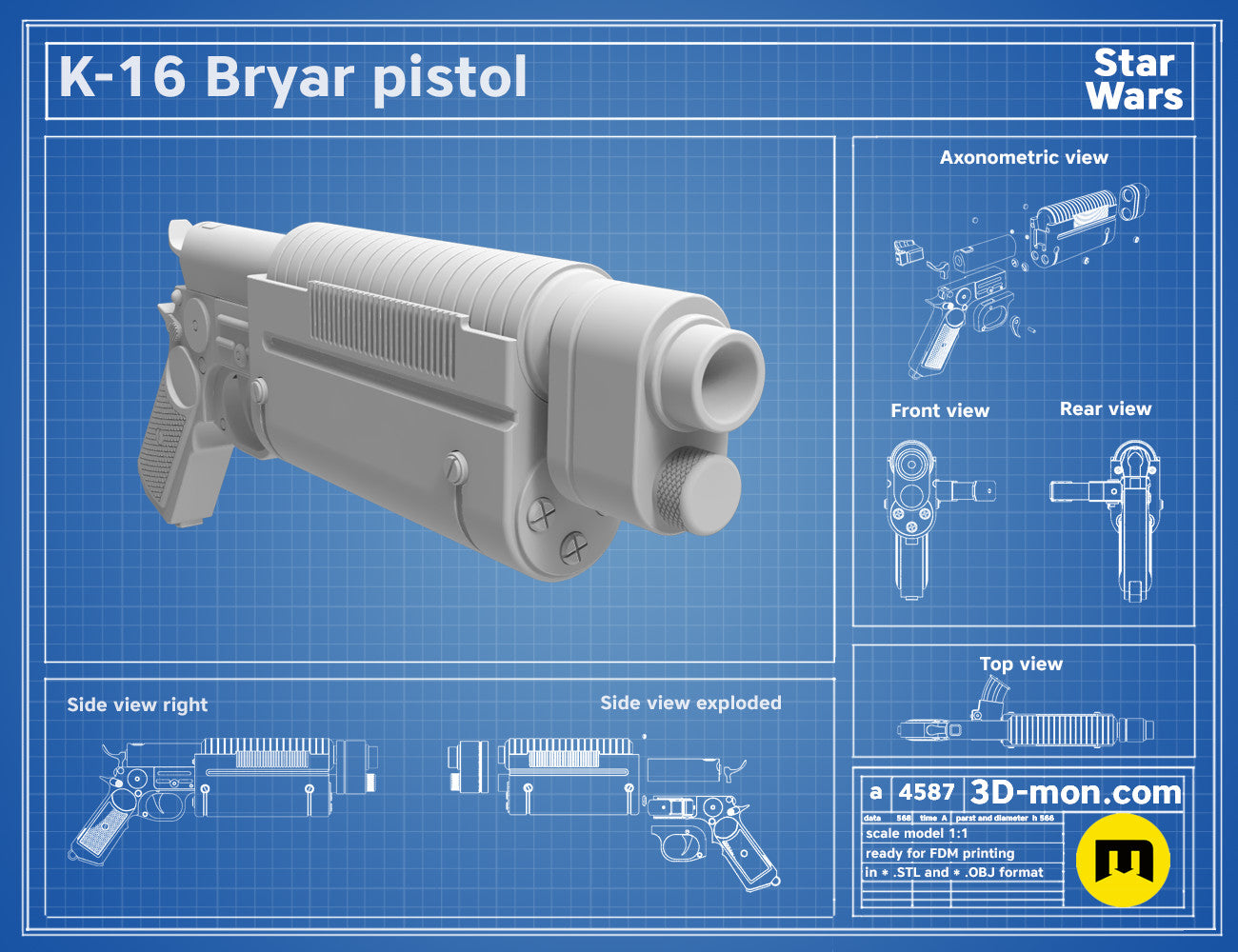 Exploded view of K-16 Bryar pistol STL, Star Wars weapon assembly guide, 3D print cosplay prop
