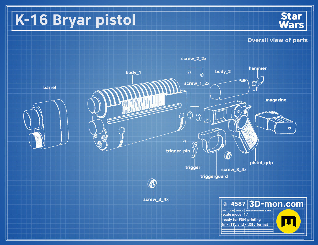 Exploded view of K-16 Bryar pistol STL, Star Wars weapon parts breakdown for 3D print