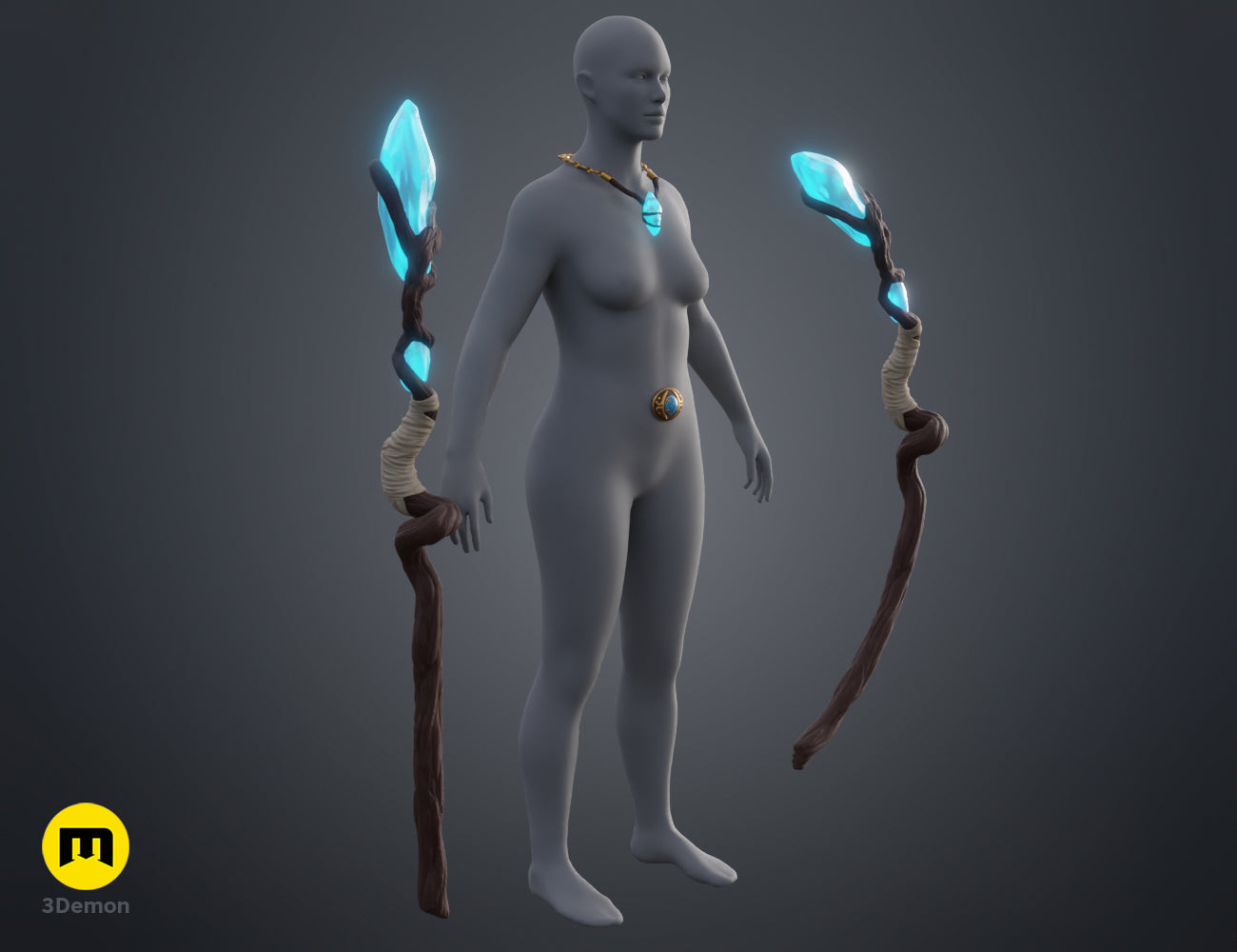 3D visualization of Kena: Bridge of Spirits Staff Bow and Accessories, glowing blue tips, 3D print cosplay prop