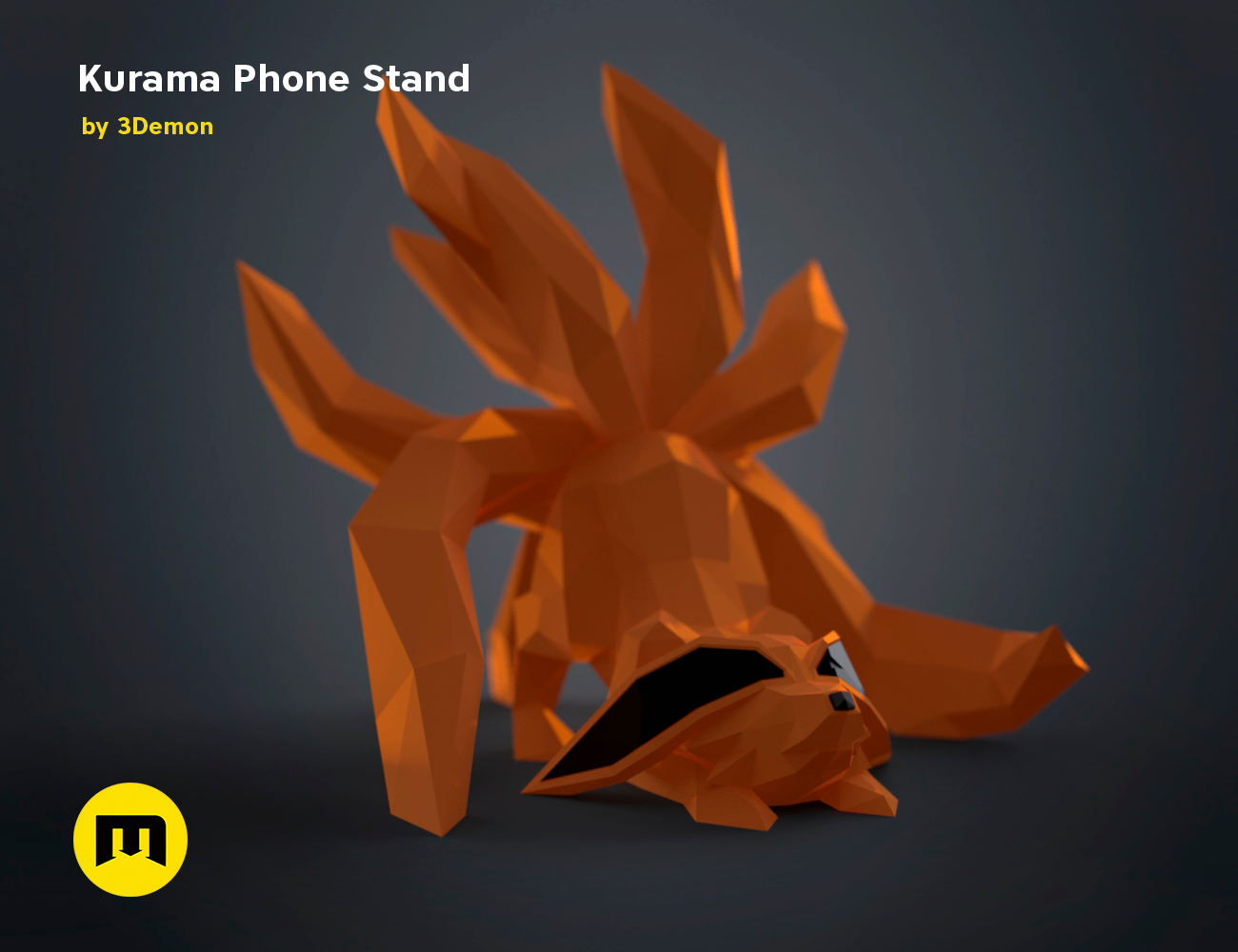 CGI render of Kurama Phone Stand STL, alternate angle of the design