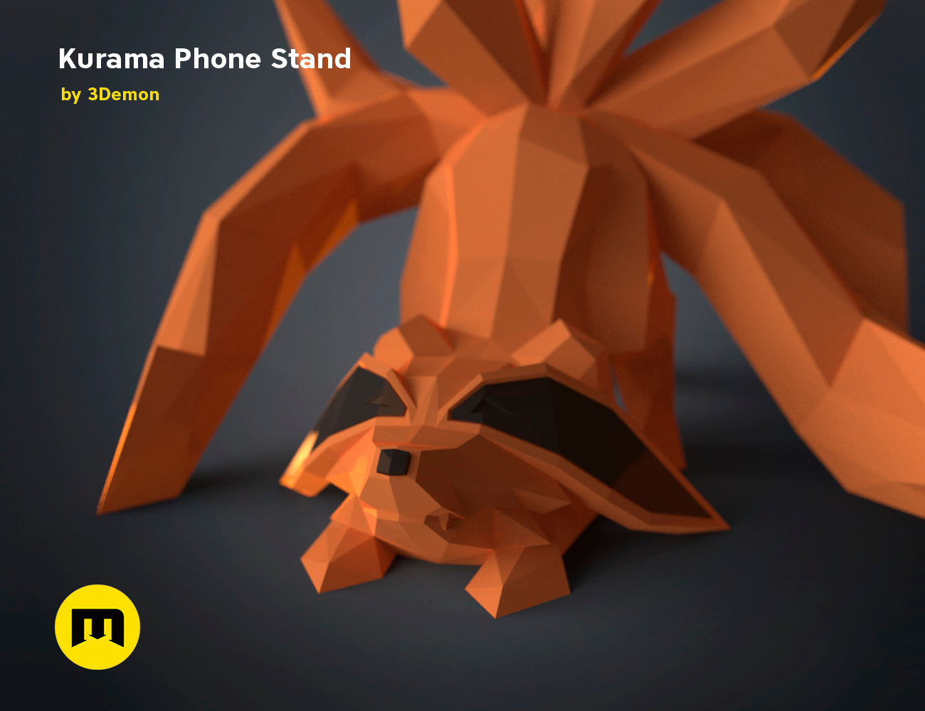 Wireframe mesh render of Kurama Phone Stand STL, alternate angle of the design