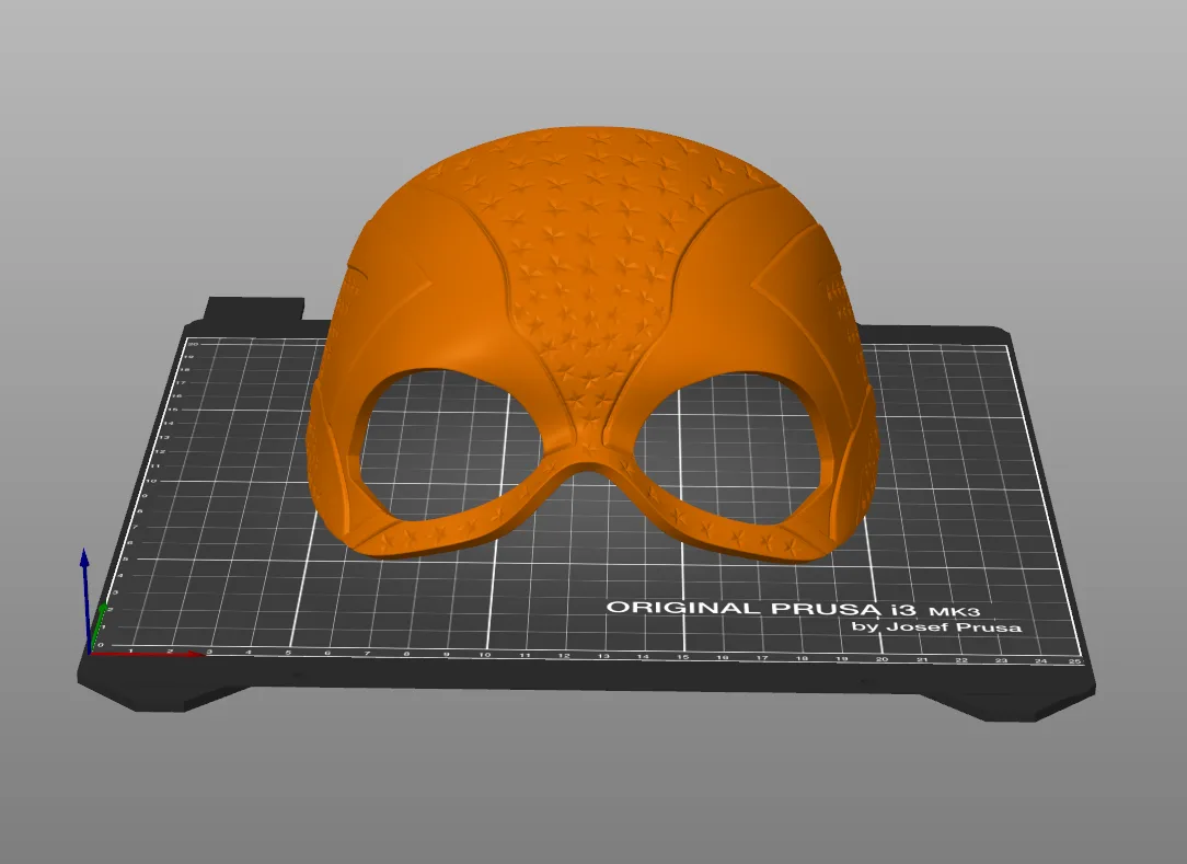Slicer screenshot of Stargirl Mask STL, orange parts on Original Prusa i3 MK3 bed