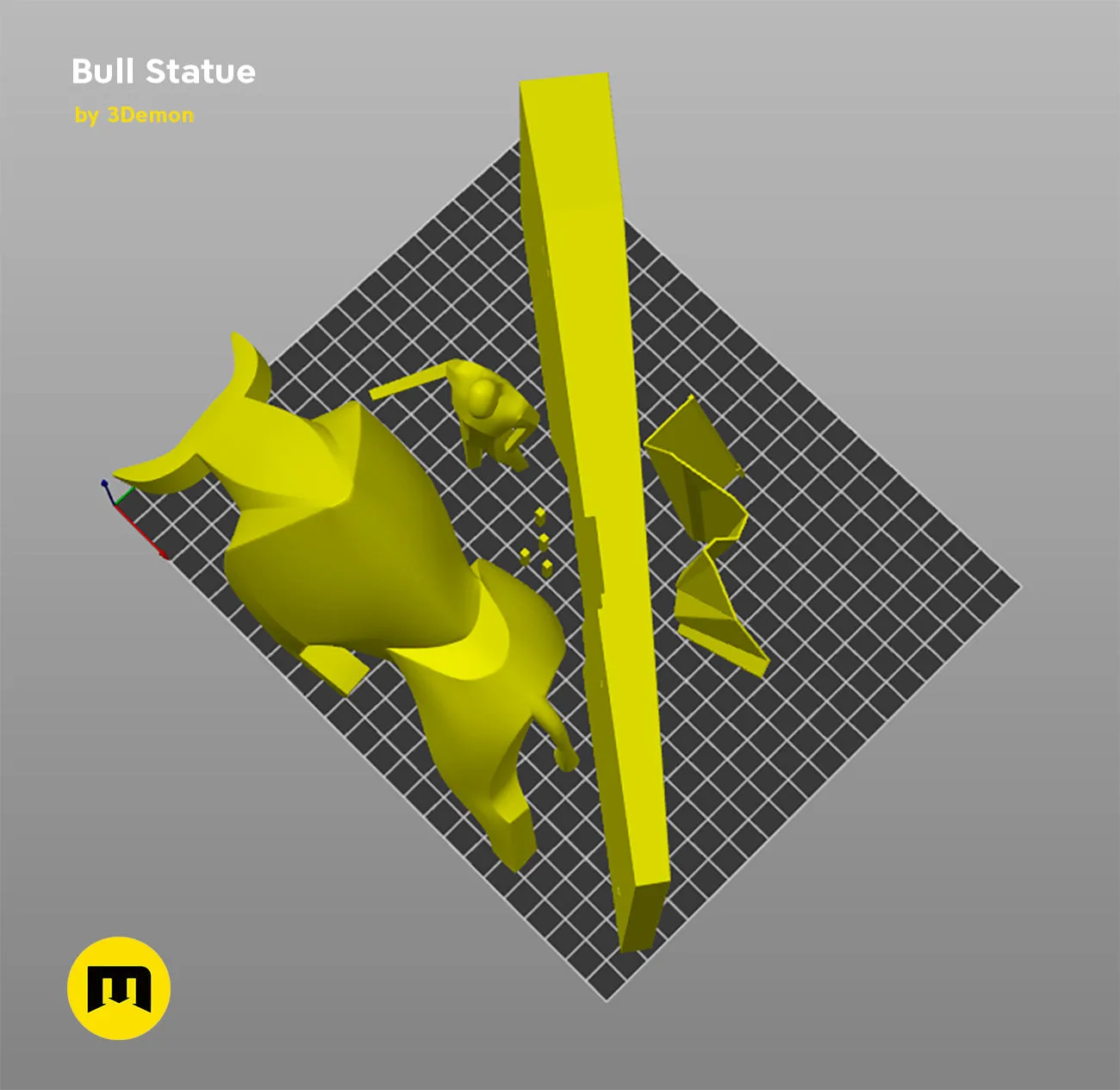 Slicer screenshot of Bull Statue STL, yellow parts on Bambu print bed grid, 3D print collectible figure