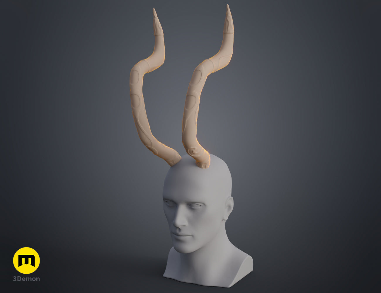 3D visualization of Satyr Horns STL, twisted curved horns for fantasy cosplay accessory