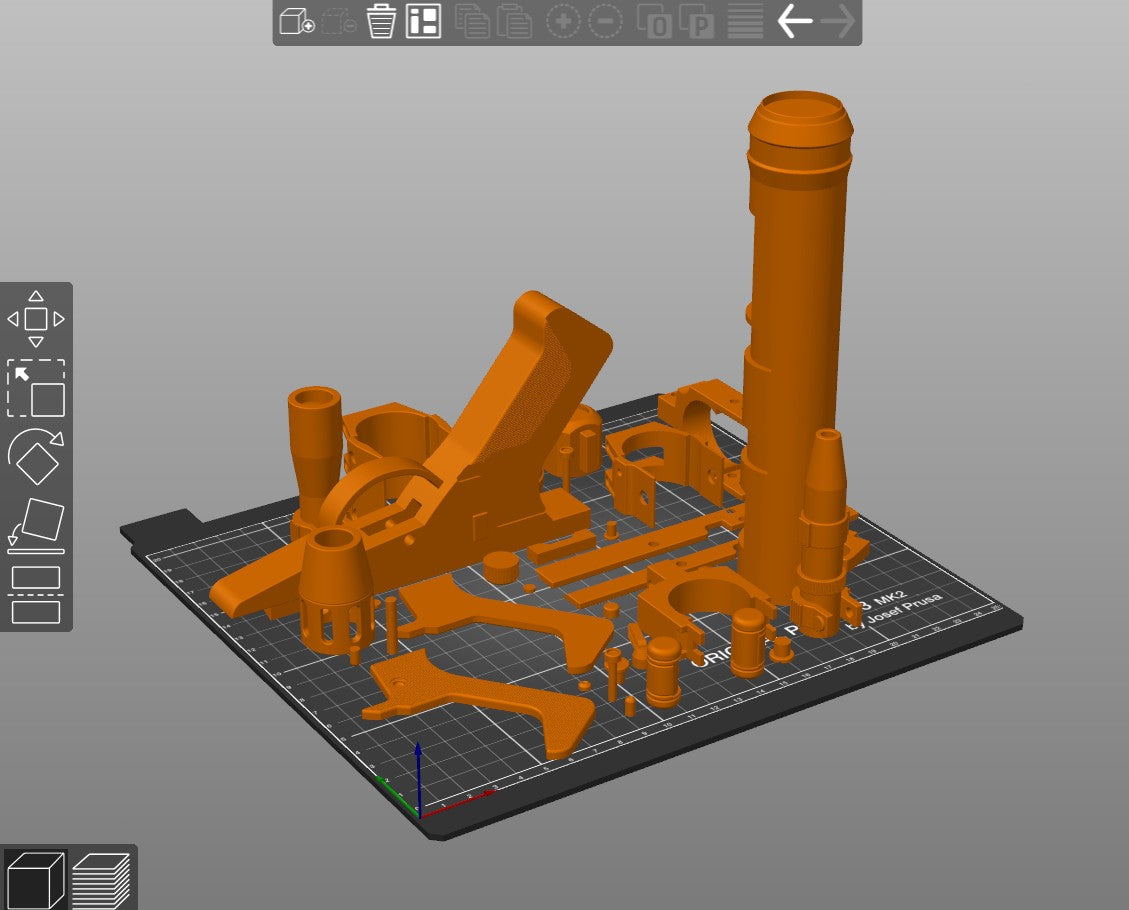 Slicer screenshot of DT-15 Blaster STL, orange parts on Prusa print bed, 3D print cosplay prop