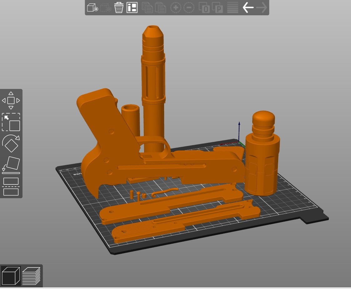 Slicer screenshot of DT-29 Heavy Blaster STL, orange parts on print bed, 3D print cosplay prop