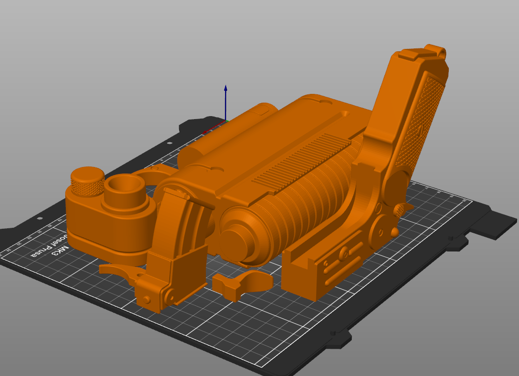 Slicer screenshot of K-16 Bryar Pistol STL, orange parts on Prusa print bed