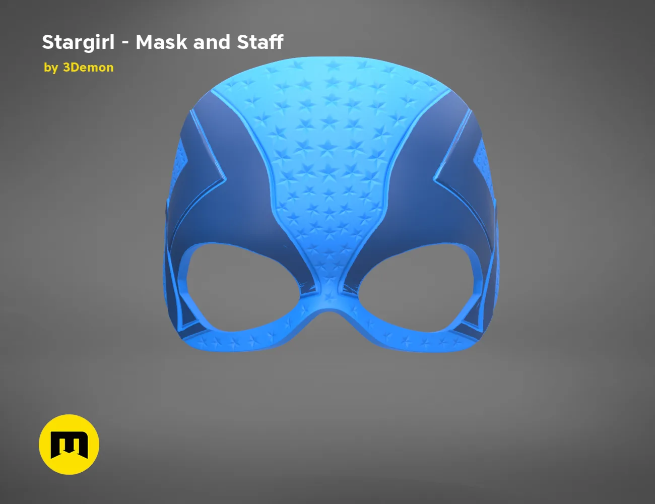 3D model render of Stargirl Mask, blue cosplay prop with eye cutouts, 3D print